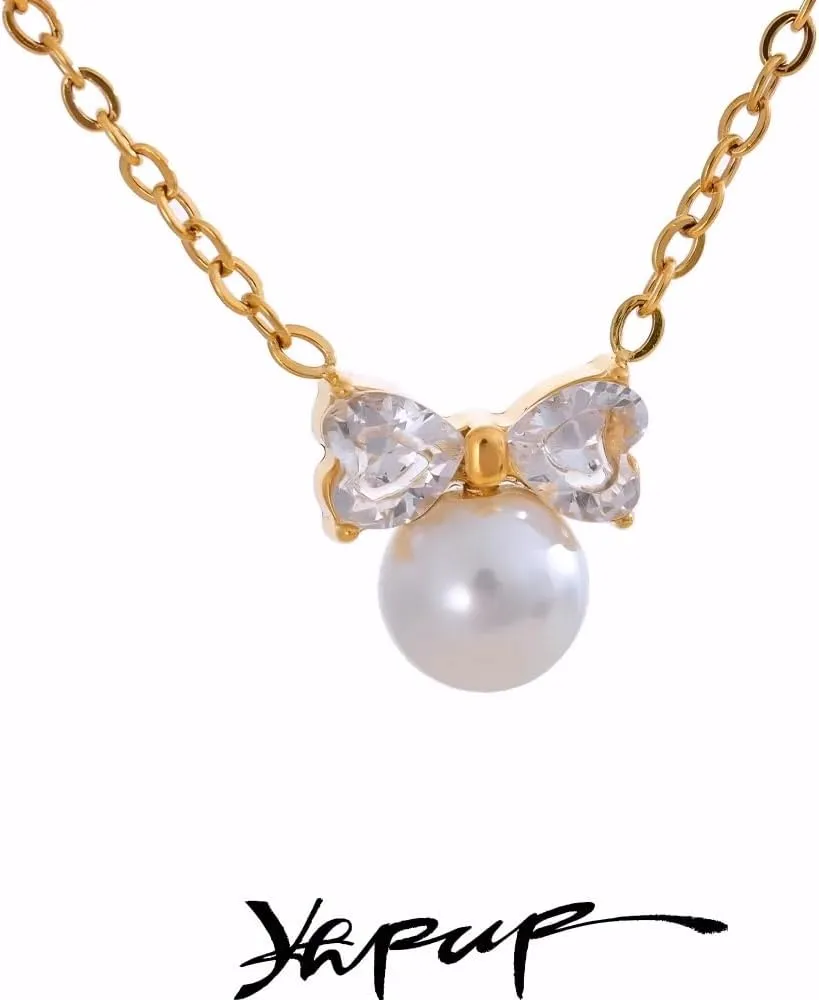 Pearl necklaces for women Delicate Bling AAA Zircon Imitation Pearls Bow Knot Drop Collar Necklace Elegant Korean Popular Jewelry for Women-T21