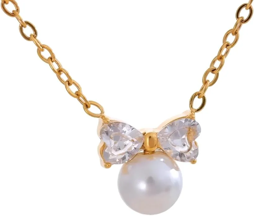 Pearl necklaces for women Delicate Bling AAA Zircon Imitation Pearls Bow Knot Drop Collar Necklace Elegant Korean Popular Jewelry for Women-T21