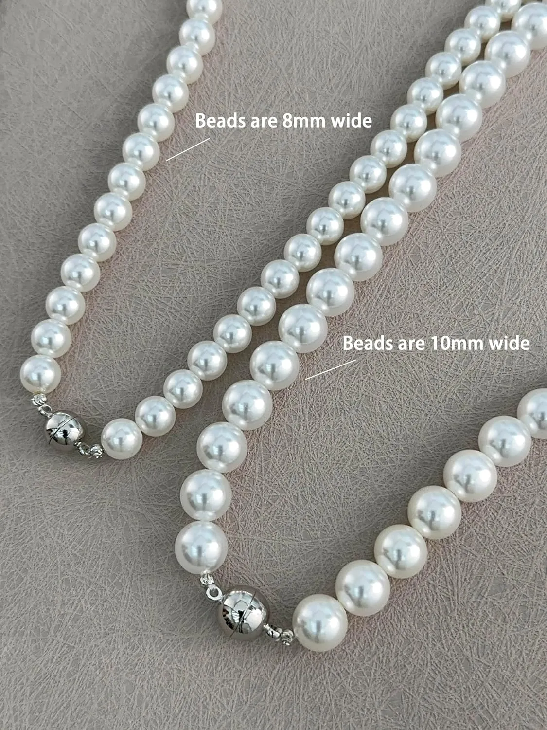 Pearl Strand Necklace for Women with Faux White Round Crystal Pearl Easy Open Clasp 8-10mm Wide 17.72 Inches Bridesmaid Necklace Fashion Jewelry Gifts for Her