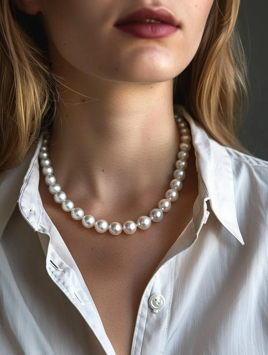 Pearl Strand Necklace for Women with Faux White Round Crystal Pearl Easy Open Clasp 8-10mm Wide 17.72 Inches Bridesmaid Necklace Fashion Jewelry Gifts for Her