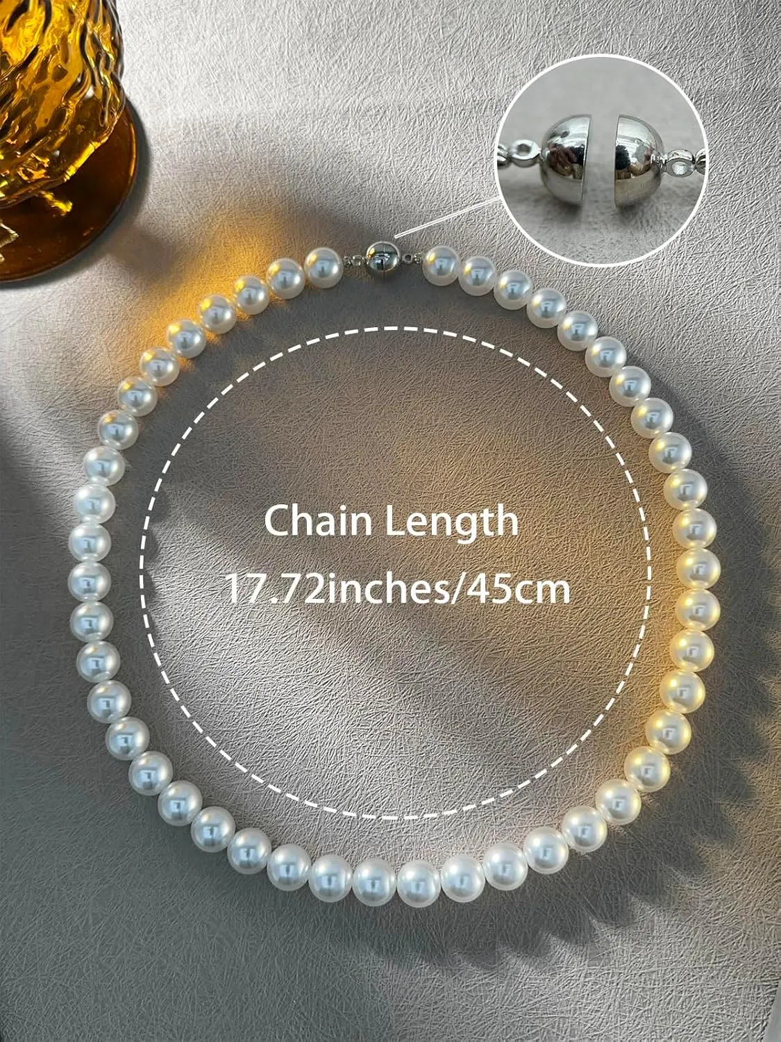 Pearl Strand Necklace for Women with Faux White Round Crystal Pearl Easy Open Clasp 8-10mm Wide 17.72 Inches Bridesmaid Necklace Fashion Jewelry Gifts for Her