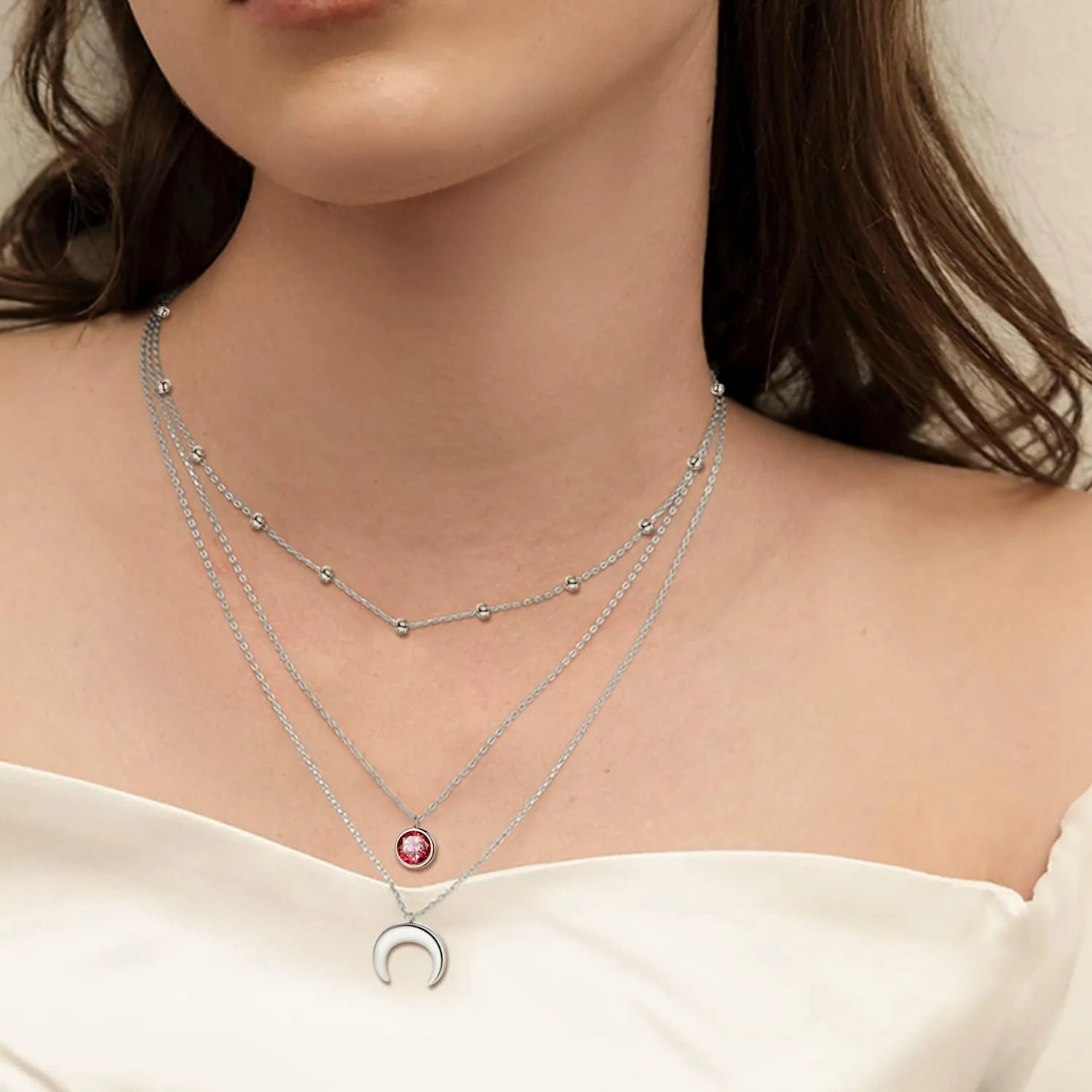 PEIMKO Dainty Non Tarnish Gold Plated 925 Sterling Silver Crescent Moon Double Layered Choker Necklace for Women, Triple Layered Moonstone Necklaces June Birthday Gift for Women