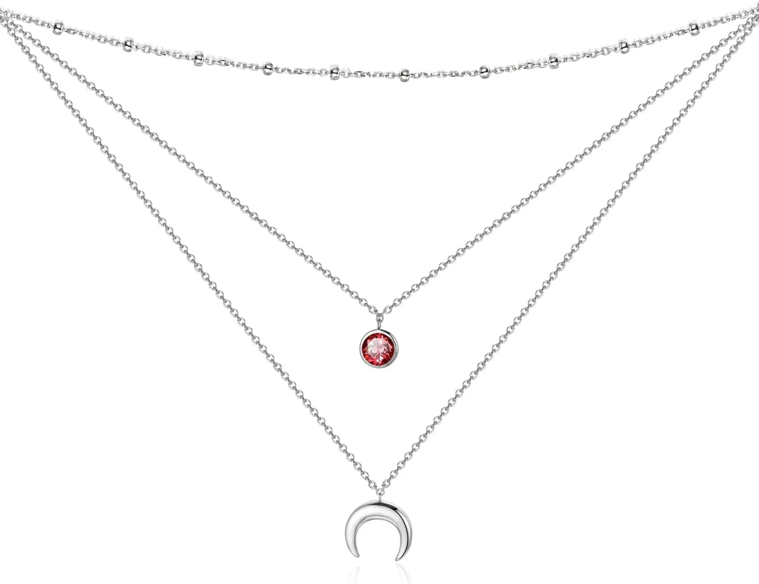 PEIMKO Dainty Non Tarnish Gold Plated 925 Sterling Silver Crescent Moon Double Layered Choker Necklace for Women, Triple Layered Moonstone Necklaces June Birthday Gift for Women