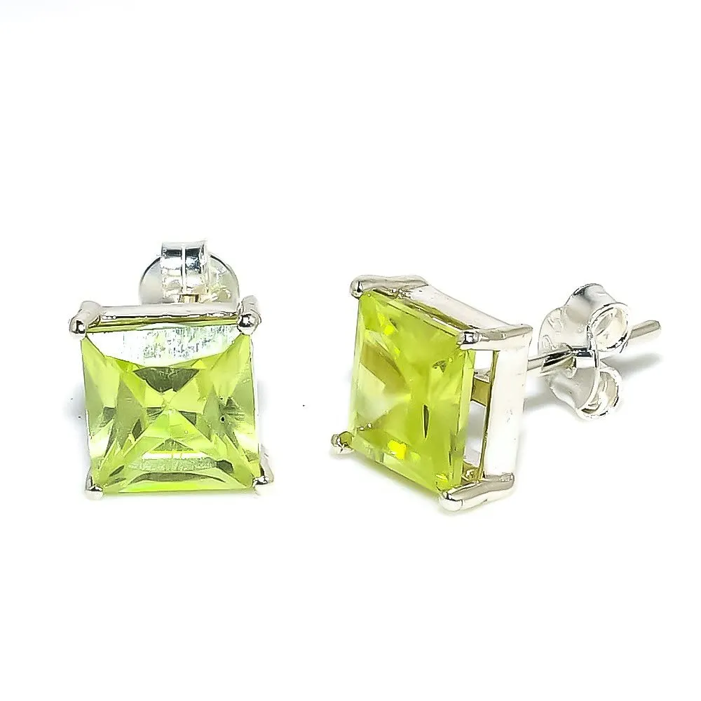 Peridot Gemstone Stud for Woman 925 Sterling Silver Earrings for Girls Ear cuff 7x7 mm (Silver)