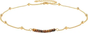 PERNNLA PEARL 18K Gold Satellite Beaded Curb Ball Chain Choker Turquoise Garnet Beads Bar Necklace Handmade Pendant Jewelry Adjustable for Women 16  2