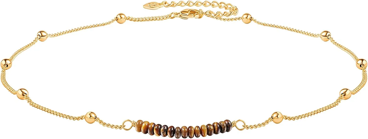 PERNNLA PEARL 18K Gold Satellite Beaded Curb Ball Chain Choker Turquoise Garnet Beads Bar Necklace Handmade Pendant Jewelry Adjustable for Women 16  2
