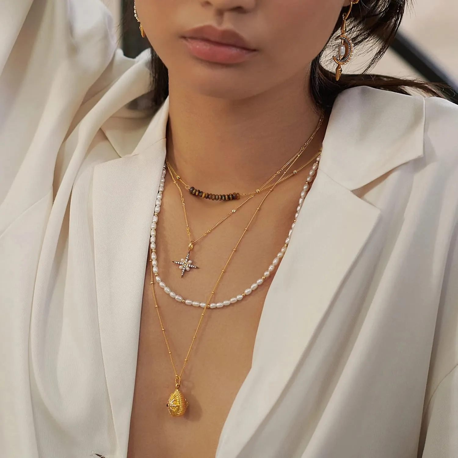 PERNNLA PEARL 18K Gold Satellite Beaded Curb Ball Chain Choker Turquoise Garnet Beads Bar Necklace Handmade Pendant Jewelry Adjustable for Women 16  2