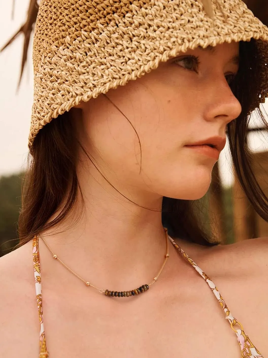 PERNNLA PEARL 18K Gold Satellite Beaded Curb Ball Chain Choker Turquoise Garnet Beads Bar Necklace Handmade Pendant Jewelry Adjustable for Women 16  2