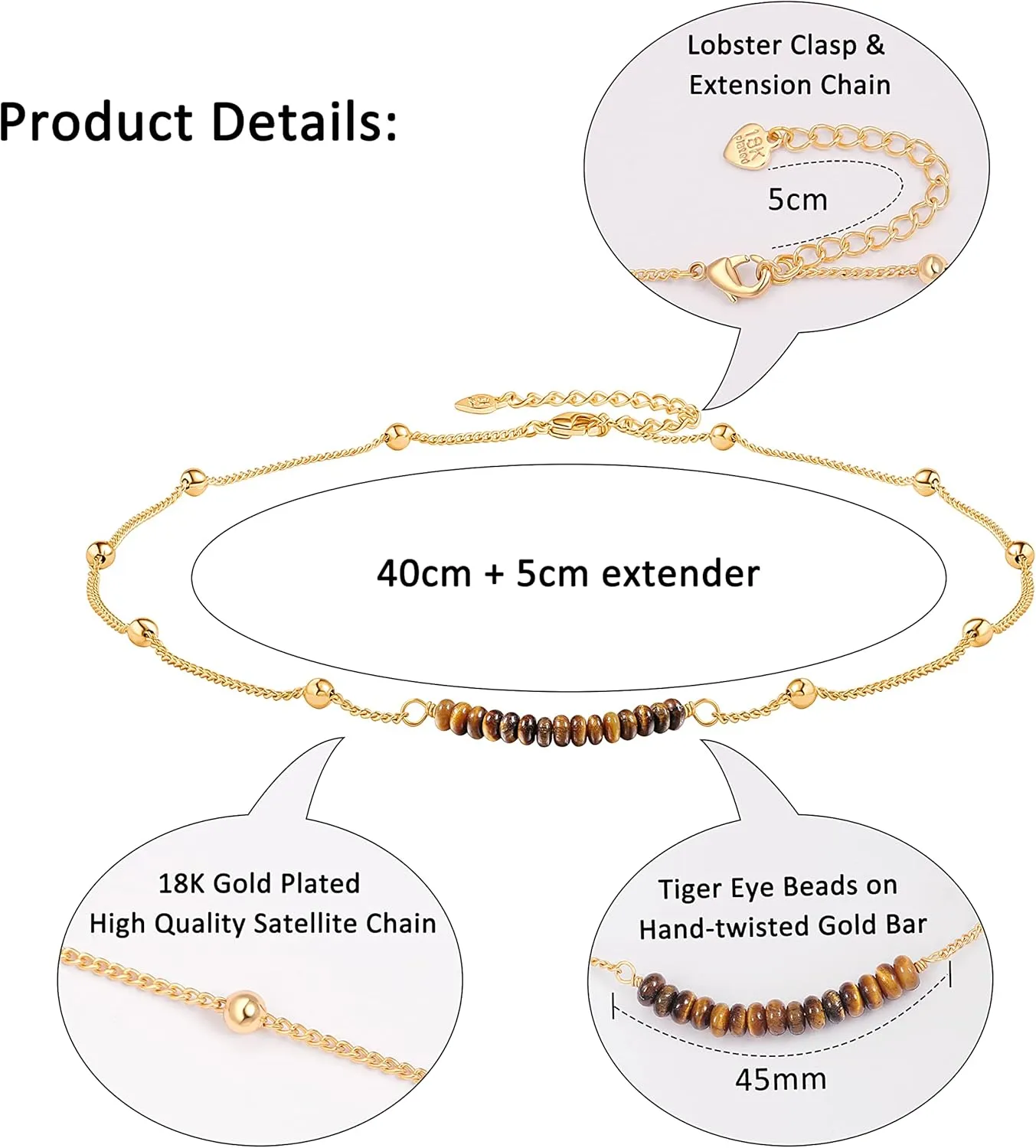 PERNNLA PEARL 18K Gold Satellite Beaded Curb Ball Chain Choker Turquoise Garnet Beads Bar Necklace Handmade Pendant Jewelry Adjustable for Women 16  2