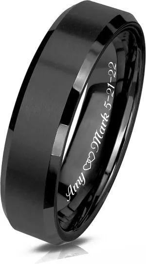 Personalized Black Brushed Men's Tungsten Ring With Shiny Edges Custom Engraved Free In Any Language - 6mm - Ships from USA