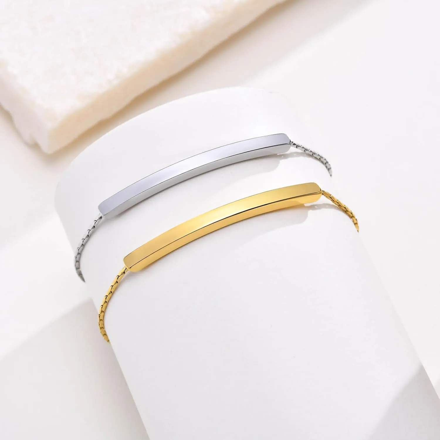 Personalized gift Gold Plated Adjustable Bar Bracelet for Women, Silver Bar Bracelet Stainless Steel Inspirational Friendship Cuff for Women Simple Delicate, 7.1" to 8.6"