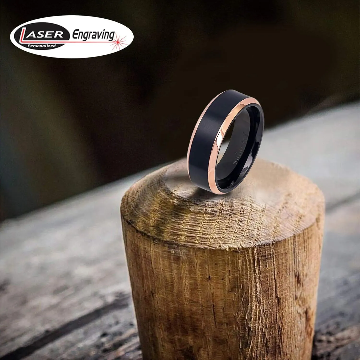Personalized Laser Engraving Ring for Men and Ring for Women Titanium Band Rings 8mm Two-Tone Black IP Rose Gold IP Brushed Center Shiny Beveled Edge Wedding Band Ring Ideal Rings for Couples