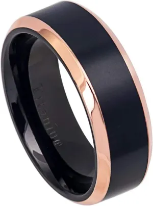 Personalized Laser Engraving Ring for Men and Ring for Women Titanium Band Rings 8mm Two-Tone Black IP Rose Gold IP Brushed Center Shiny Beveled Edge Wedding Band Ring Ideal Rings for Couples