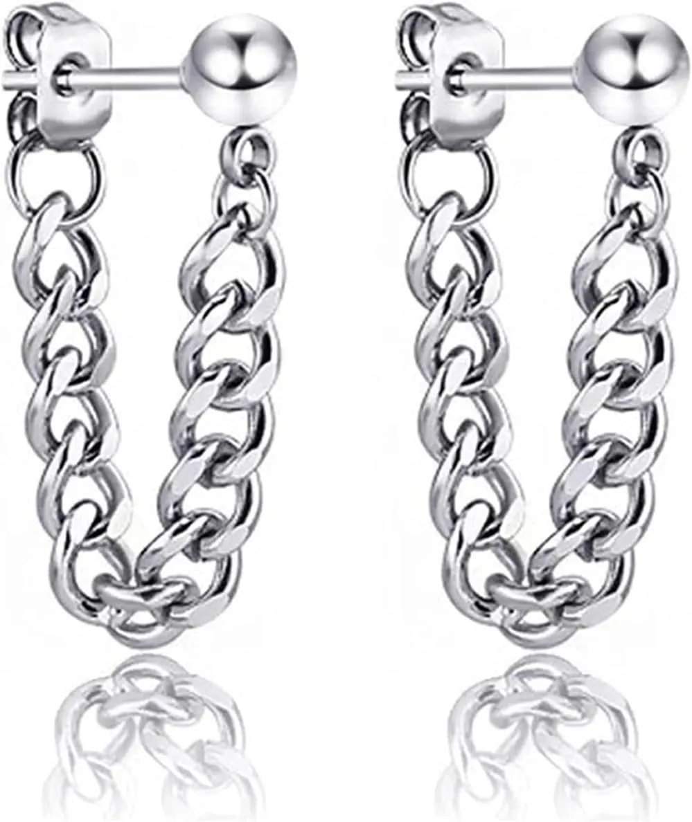 Personalized Punk Chain Tassel Ball Studs Unique Silver Chain Dangle Drop Earrings for Women Men Unisex