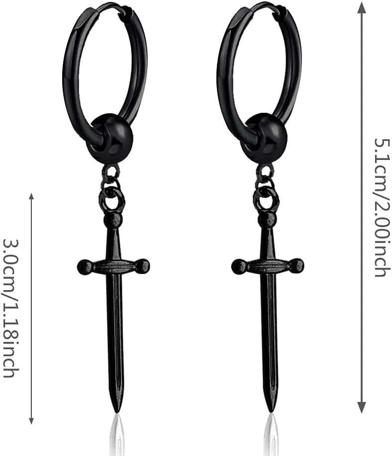 Personalized Unique Punk Hip Hop Stainless Steel Knife Huggie Hinged Hoop Earrings with Long Dangle Retro Sword for Men Women