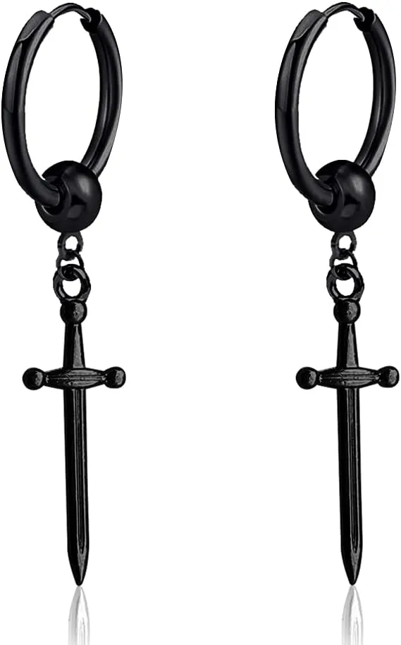 Personalized Unique Punk Hip Hop Stainless Steel Knife Huggie Hinged Hoop Earrings with Long Dangle Retro Sword for Men Women