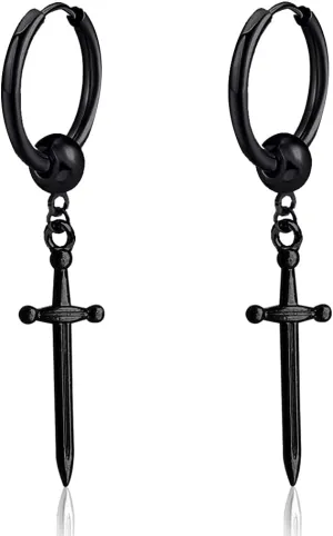 Personalized Unique Punk Hip Hop Stainless Steel Knife Huggie Hinged Hoop Earrings with Long Dangle Retro Sword for Men Women