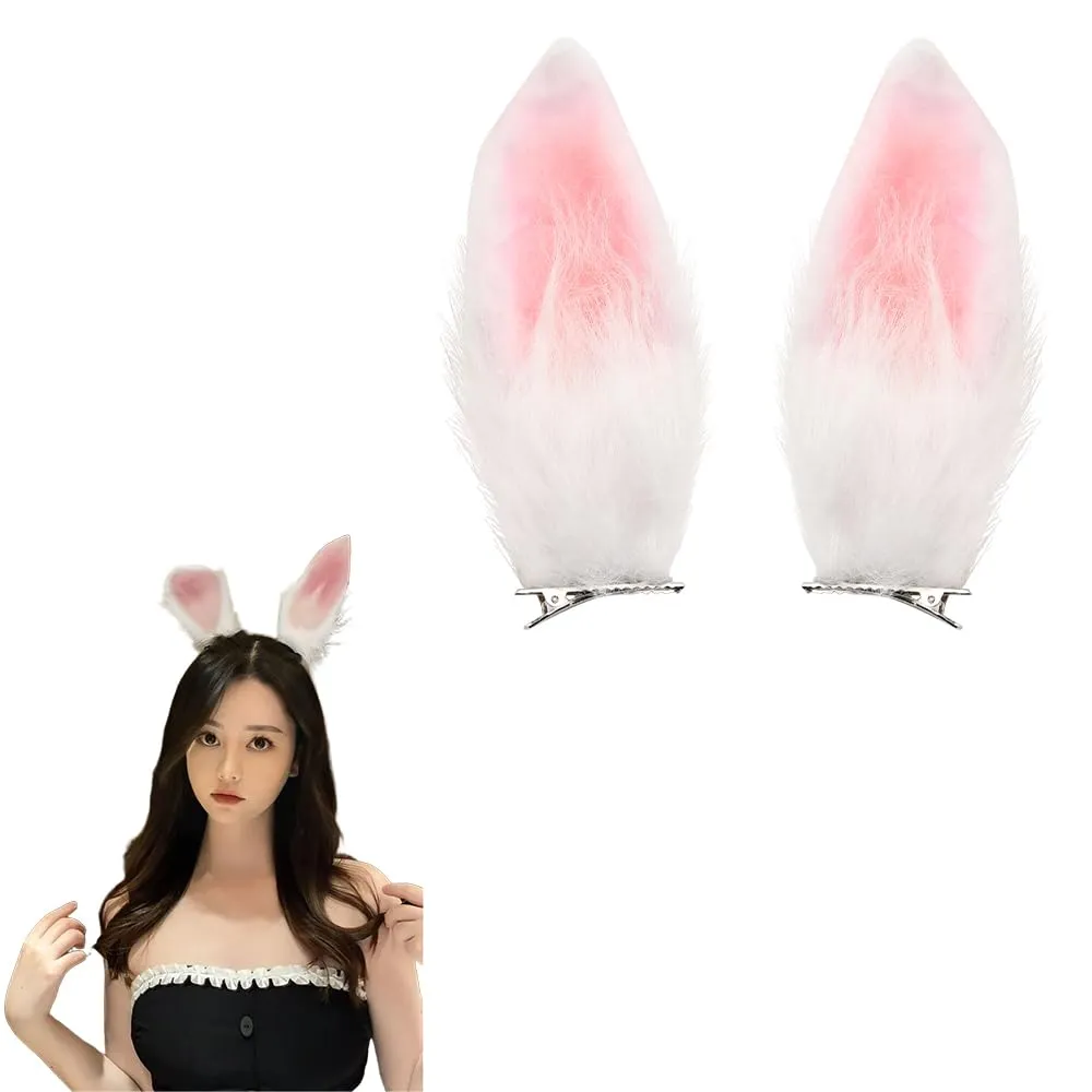 Pink Bunny Ear Hair Clips for Girls 2PCS Furry Rabbit Ears Hair Barrettes Hairpins Easter Cosplay Costume Hair Accessories for Women Party
