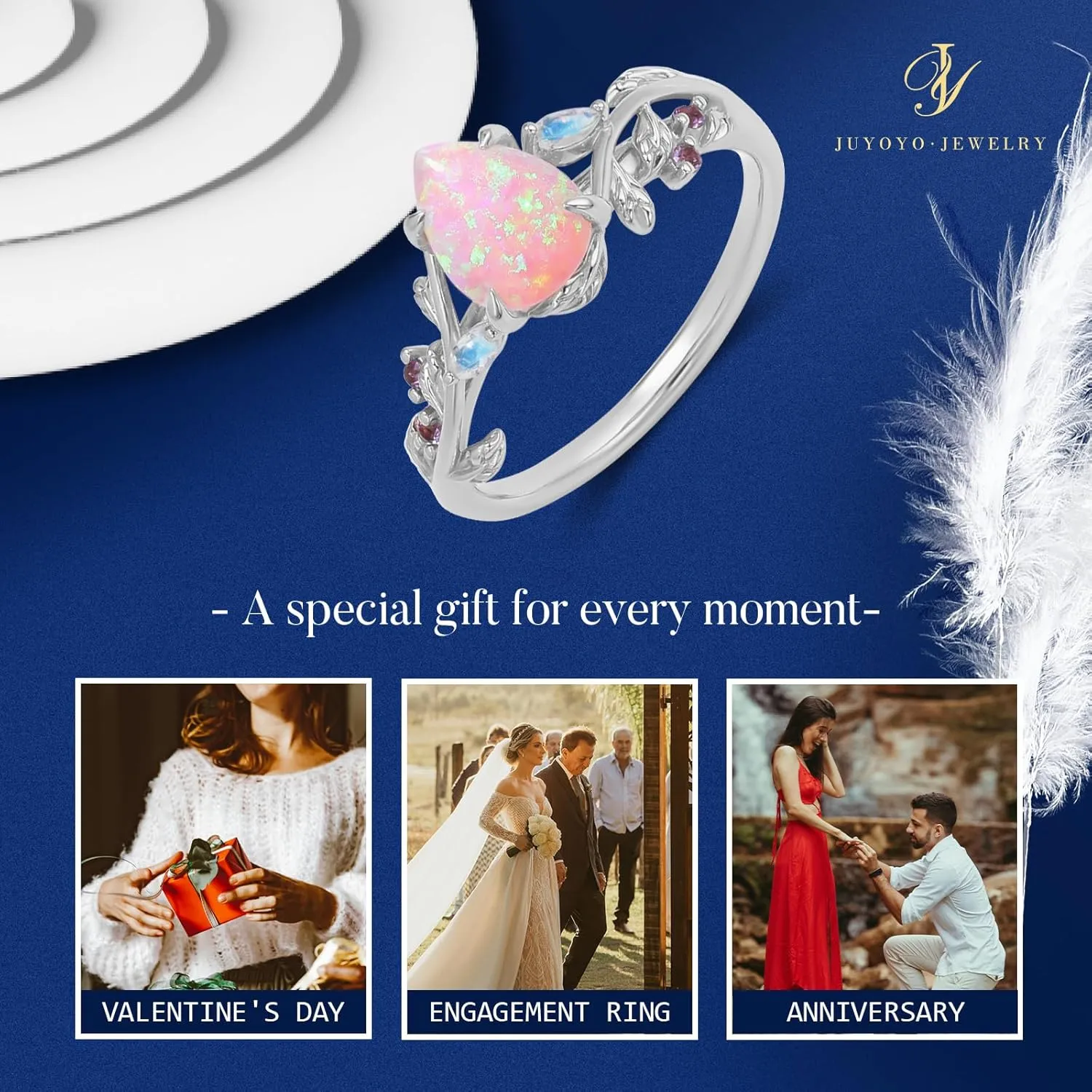 Pink Opal Engagement Rings for Women, 925 Sterling Silver Branch Rings for Women, Pear Cut Opal Promise Rings for Her Wedding Rings for Women Size 3-10