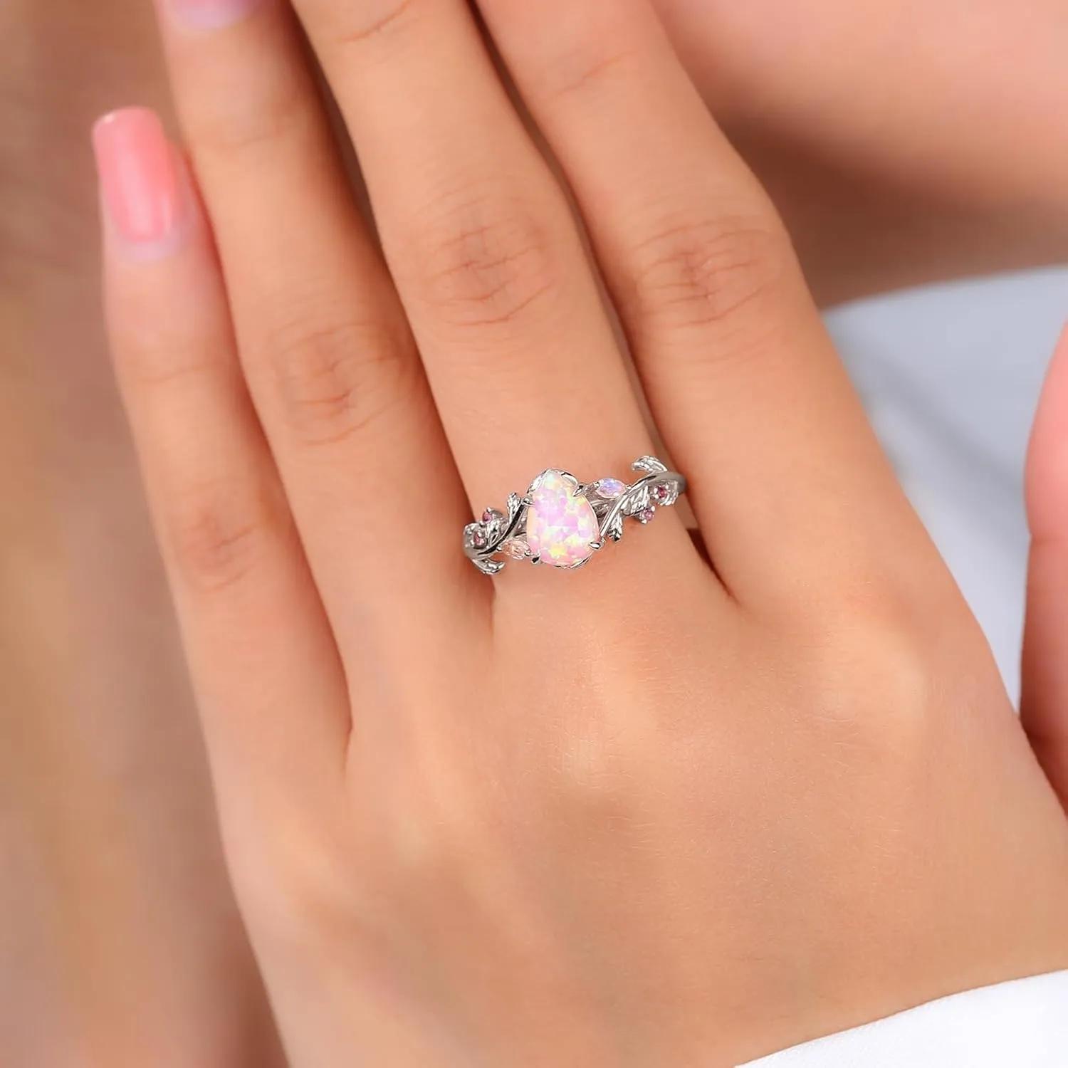 Pink Opal Engagement Rings for Women, 925 Sterling Silver Branch Rings for Women, Pear Cut Opal Promise Rings for Her Wedding Rings for Women Size 3-10