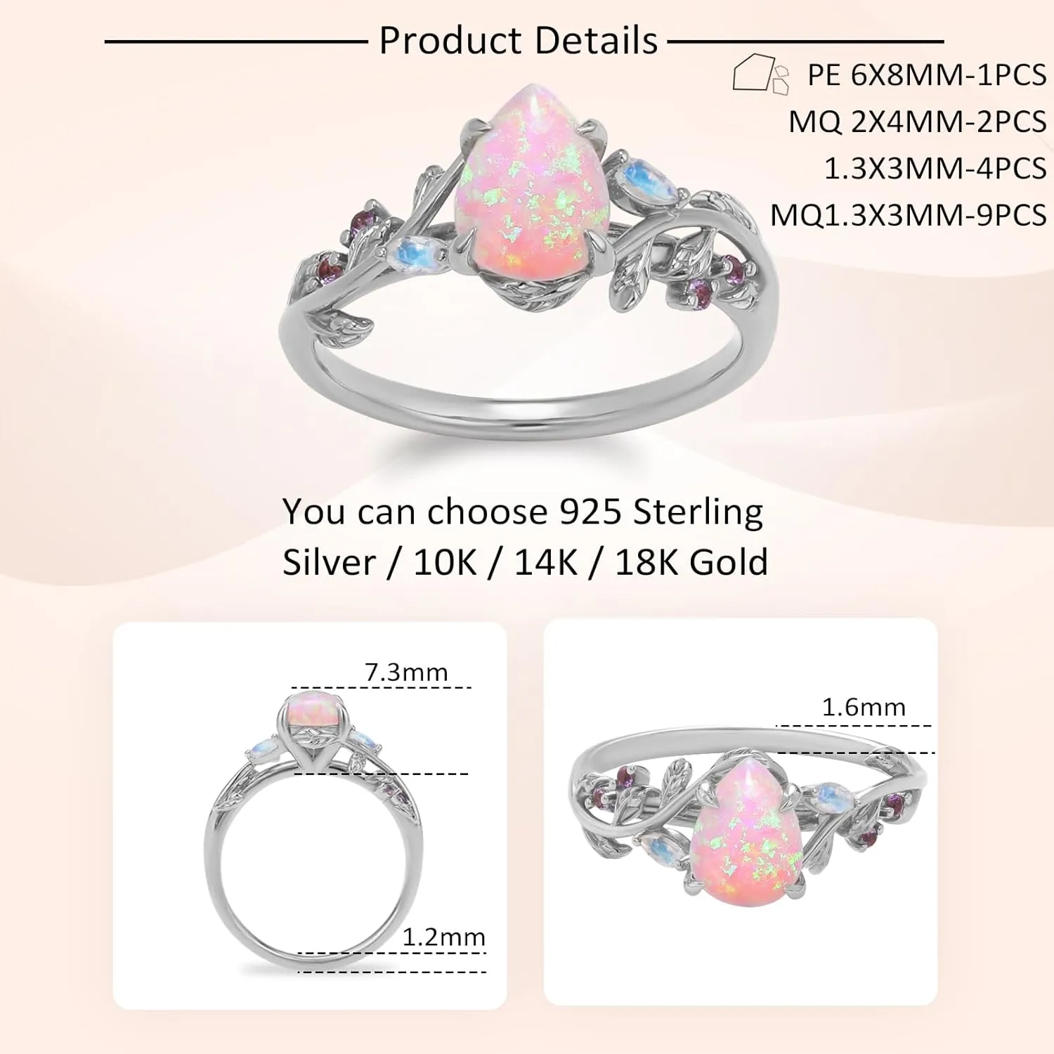 Pink Opal Engagement Rings for Women, 925 Sterling Silver Branch Rings for Women, Pear Cut Opal Promise Rings for Her Wedding Rings for Women Size 3-10