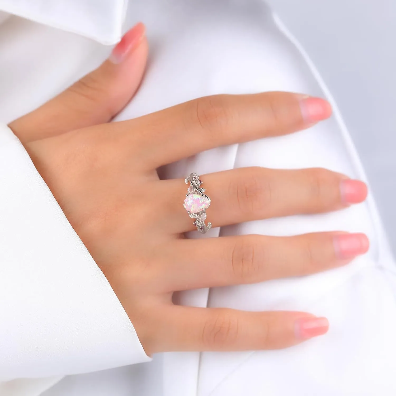 Pink Opal Engagement Rings for Women, 925 Sterling Silver Branch Rings for Women, Pear Cut Opal Promise Rings for Her Wedding Rings for Women Size 3-10