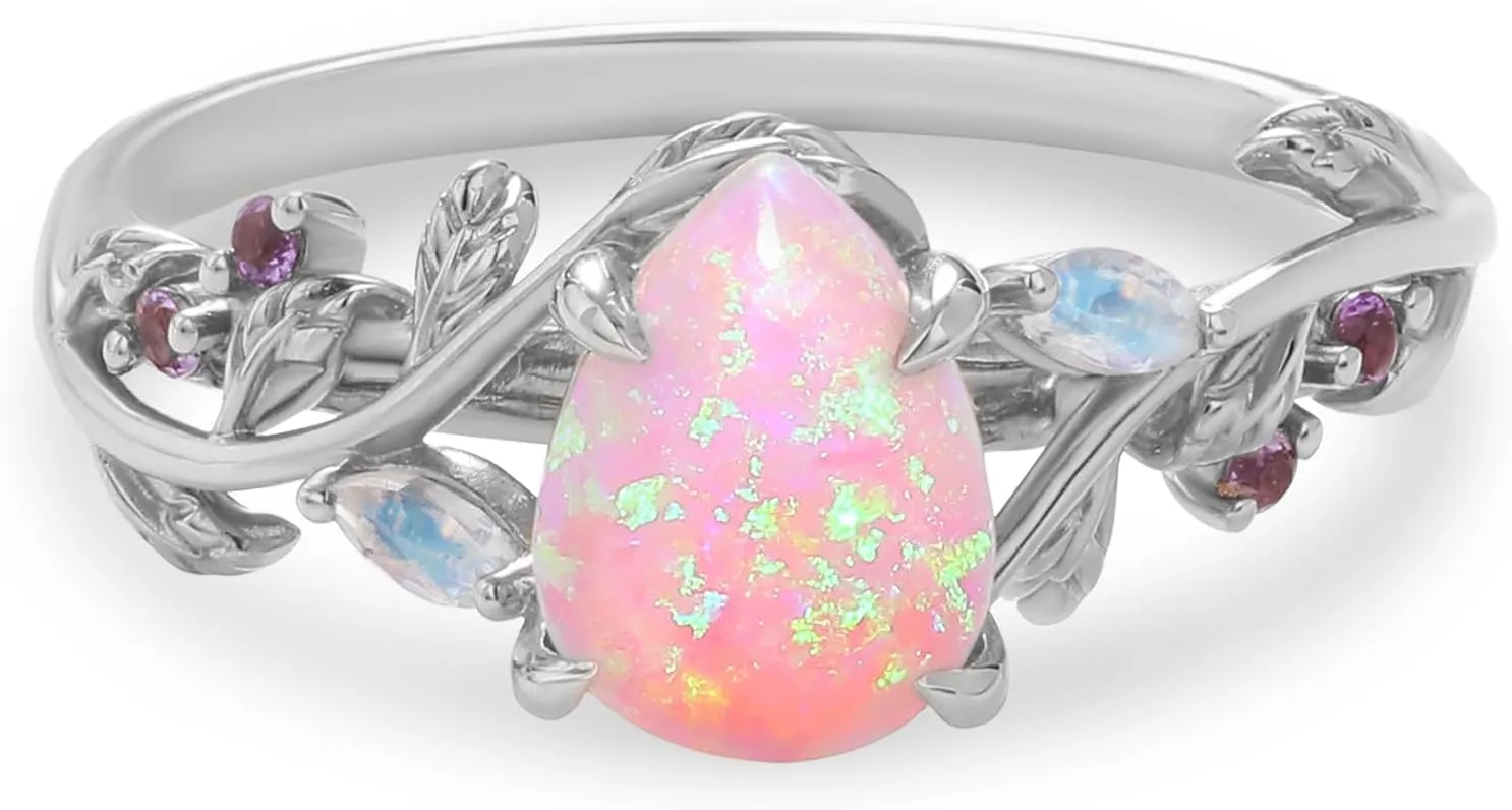 Pink Opal Engagement Rings for Women, 925 Sterling Silver Branch Rings for Women, Pear Cut Opal Promise Rings for Her Wedding Rings for Women Size 3-10