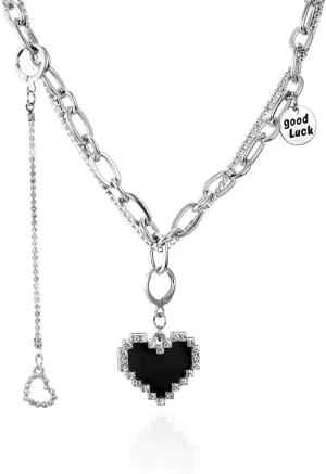 Pixel Heart Punk Necklace for Women Stainless Steel Paperclip Chain Necklace Black Mosaic Heart Pendant Necklace That Can be Used as Earrings CZ Pixel Heart Statement Necklace for Egirl
