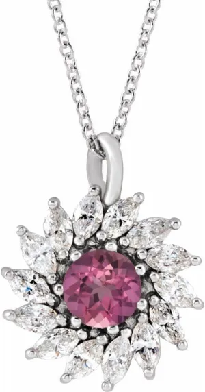 Platinum 3.5mm Round Shape Pink Tourmaline and 1/2 cttw Diamond Halo-Style Necklace Fine Jewelry for Women Gifts for Her (17.25x13.62mm, G-I, SI2-SI3), 16-18"