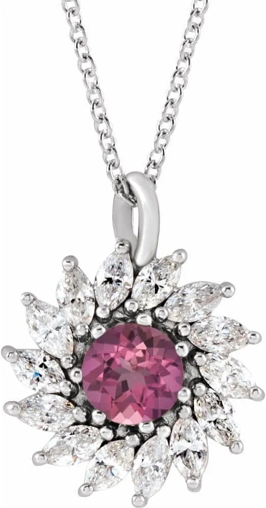 Platinum 3.5mm Round Shape Pink Tourmaline and 1/2 cttw Diamond Halo-Style Necklace Fine Jewelry for Women Gifts for Her (17.25x13.62mm, G-I, SI2-SI3), 16-18"