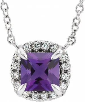 Platinum 3.5x3.5mm Square Shape Amethyst and .05 cttw Diamond Halo-Style Necklace Fine Jewelry for Women Gifts for Her (7.3x7.01mm, G-H, SI2-SI3), 18"