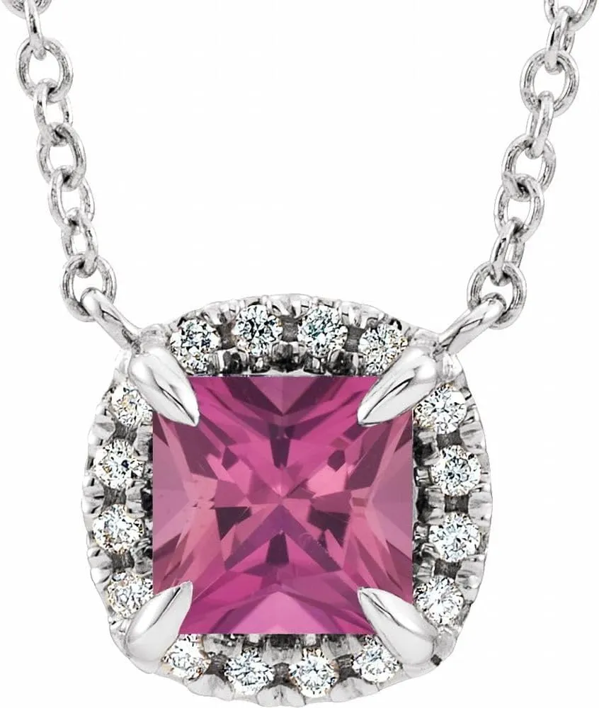 Platinum 3.5x3.5mm Square Shape Pink Tourmaline and .05 cttw Diamond Halo-Style Necklace Fine Jewelry for Women Gifts for Her (7.3x7.01mm, G-H, SI2-SI3), 16"