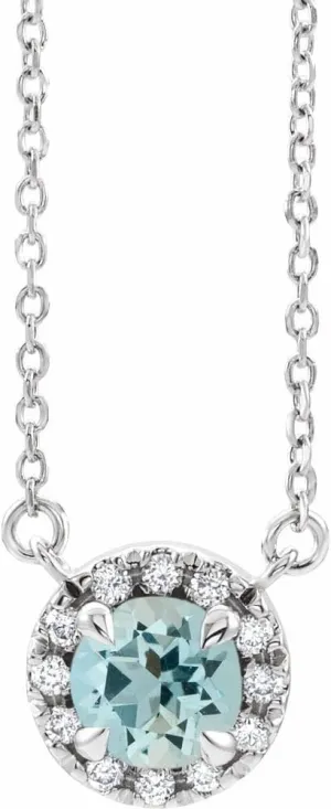 Platinum 3mm Round Shape Aquamarine and .03 cttw Diamond Halo-Style Necklace Fine Jewelry for Women Gifts for Her (6.6mm, G-H, SI2-SI3), 16"
