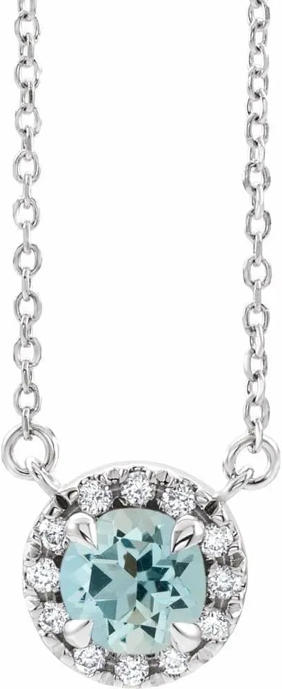 Platinum 3mm Round Shape Aquamarine and .03 cttw Diamond Halo-Style Necklace Fine Jewelry for Women Gifts for Her (6.6mm, G-H, SI2-SI3), 16"