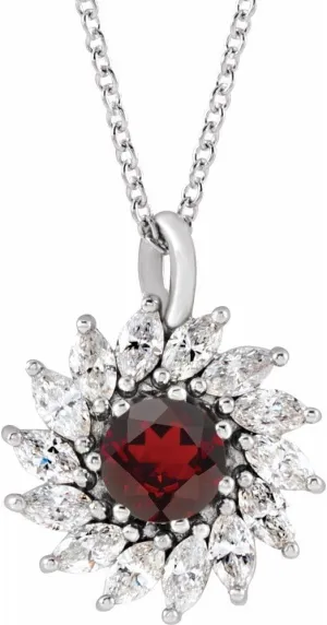 Platinum 4.5mm Round Shape Mozambique Garnet and 5/8 cttw Diamond Halo-Style Necklace Fine Jewelry for Women Gifts for Her (17.23x13.54mm, G-I, SI2-SI3), 16-18"
