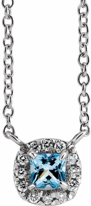 Platinum 4x4mm Square Shape Aquamarine and .05 cttw Diamond Halo-Style Necklace Fine Jewelry for Women Gifts for Her (7.76x7.49mm, G-H, SI2-SI3), 16"