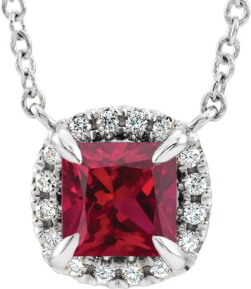 Platinum 4x4mm Square Shape Ruby and .05 cttw Diamond Halo-Style Necklace Fine Jewelry for Women Gifts for Her (7.76x7.49mm, G-H, SI2-SI3), 16"