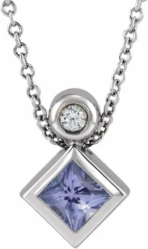 Platinum 4x4mm Square Shape Tanzanite and .03 cttw Diamond Necklace Fine Jewelry for Women Gifts for Her (11.77x8.3mm, G-H, SI2-SI3), 16-18"