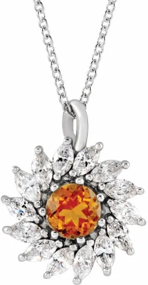 Platinum 5.5mm Round Shape Citrine and 3/4 cttw Diamond Halo-Style Necklace Fine Jewelry for Women Gifts for Her (17.33x13.79mm, G-I, SI2-SI3), 16-18"