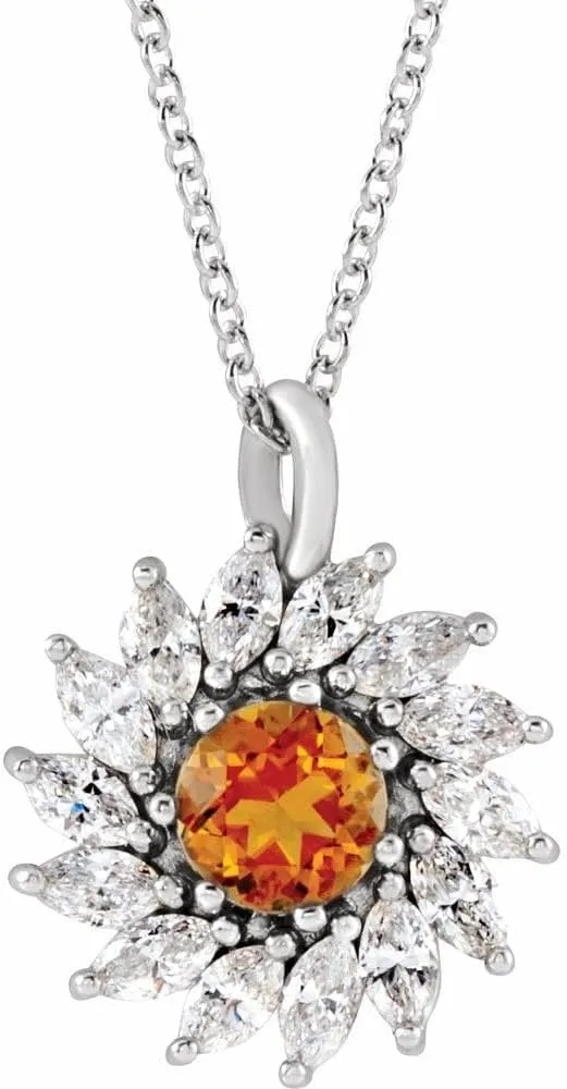 Platinum 5.5mm Round Shape Citrine and 3/4 cttw Diamond Halo-Style Necklace Fine Jewelry for Women Gifts for Her (17.33x13.79mm, G-I, SI2-SI3), 16-18"