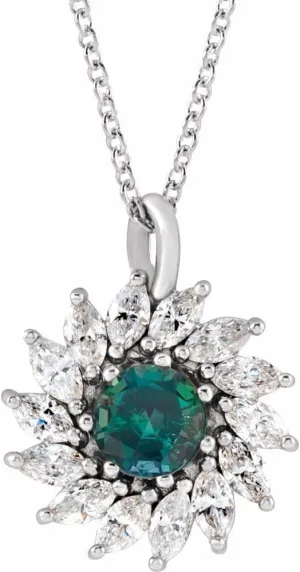 Platinum 5mm Round Shape Lab-Grown Alexandrite and 5/8 cttw Diamond Halo-Style Necklace Fine Jewelry for Women Gifts for Her (17.25x13.62mm, G-I, SI2-SI3), 16-18"
