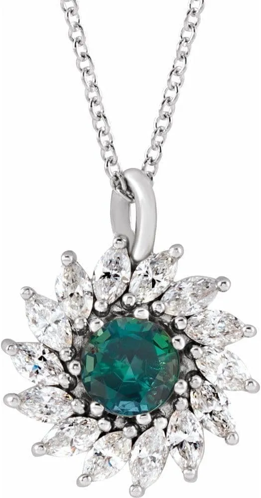 Platinum 5mm Round Shape Lab-Grown Alexandrite and 5/8 cttw Diamond Halo-Style Necklace Fine Jewelry for Women Gifts for Her (17.25x13.62mm, G-I, SI2-SI3), 16-18"