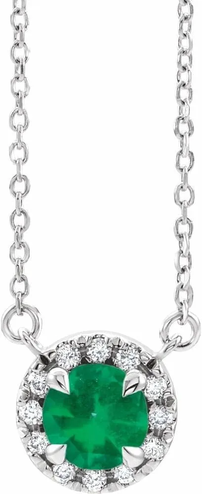 Platinum 6mm Round Shape Emerald and 1/5 cttw Diamond Halo-Style Necklace Fine Jewelry for Women Gifts for Her (9.4mm, G-H, SI2-SI3), 18"