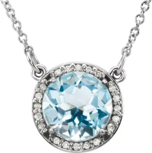 Platinum 7mm Round Shape Sky Blue Topaz and .04 cttw Diamond Halo-Style Necklace Fine Jewelry for Women Gifts for Her (10.4x9.34mm, G-H, SI2-SI3), 16"