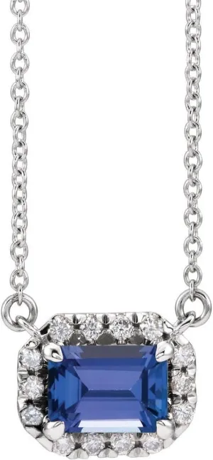 Platinum 7x5mm Emerald Cut Tanzanite and 1/5 cttw Diamond Halo-Style Necklace Fine Jewelry for Women Gifts for Her (10.93x8.84mm, G-H, SI2-SI3), 18"
