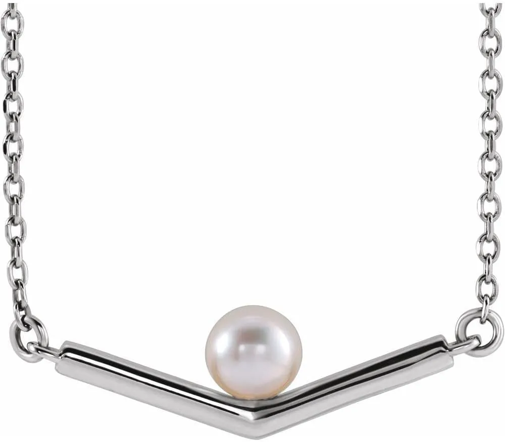 Platinum Cultured Akoya Pearl V Bar Necklace Fine Jewelry for Women Gifts for Her (20.41x4.65mm), 16"