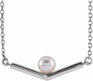 Platinum Cultured Akoya Pearl V Bar Necklace Fine Jewelry for Women Gifts for Her (20.41x4.65mm), 16"