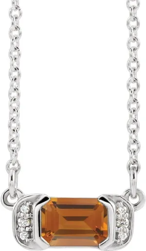 Platinum Emerald Cut Citrine and .02 cttw Diamond Bar Necklace Fine Jewelry for Women Gifts for Her (5.48x11.65mm, G-H, SI2-SI3), 16"