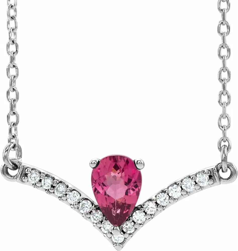 Platinum Pear Shape Pink Tourmaline and .06 cttw Diamond Bar Necklace Fine Jewelry for Women Gifts for Her (19.8x8.2mm, G-H, SI2-SI3), 16"