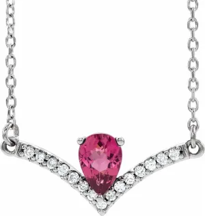 Platinum Pear Shape Pink Tourmaline and .06 cttw Diamond Bar Necklace Fine Jewelry for Women Gifts for Her (19.8x8.2mm, G-H, SI2-SI3), 16"